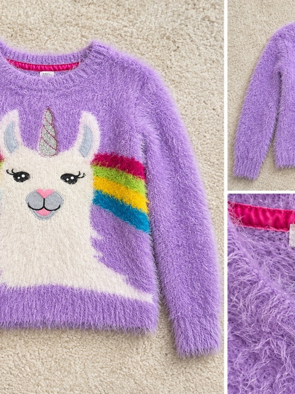 Girls' Lavender Unicorn Fuzzy Sweater